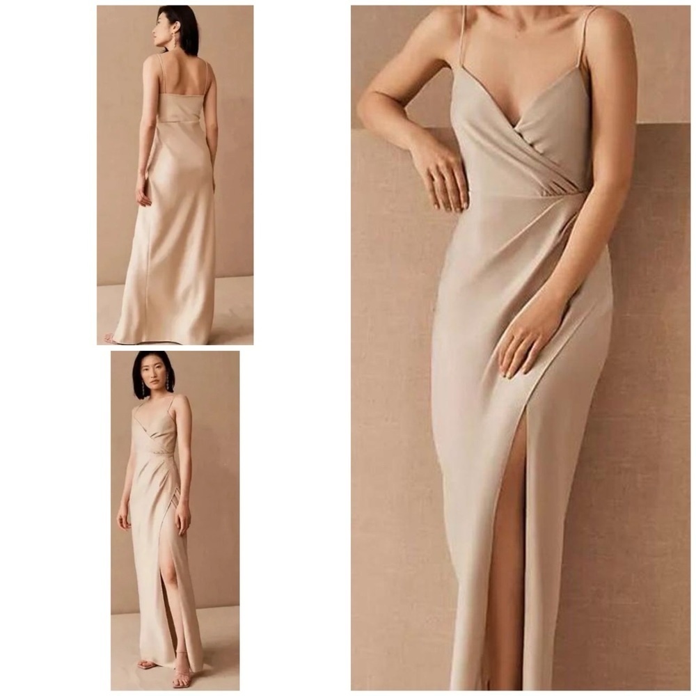 Bhldn Freya Oyster Beige Champagne Nude Satin Charmeuse Bridal Maxi Dress 10